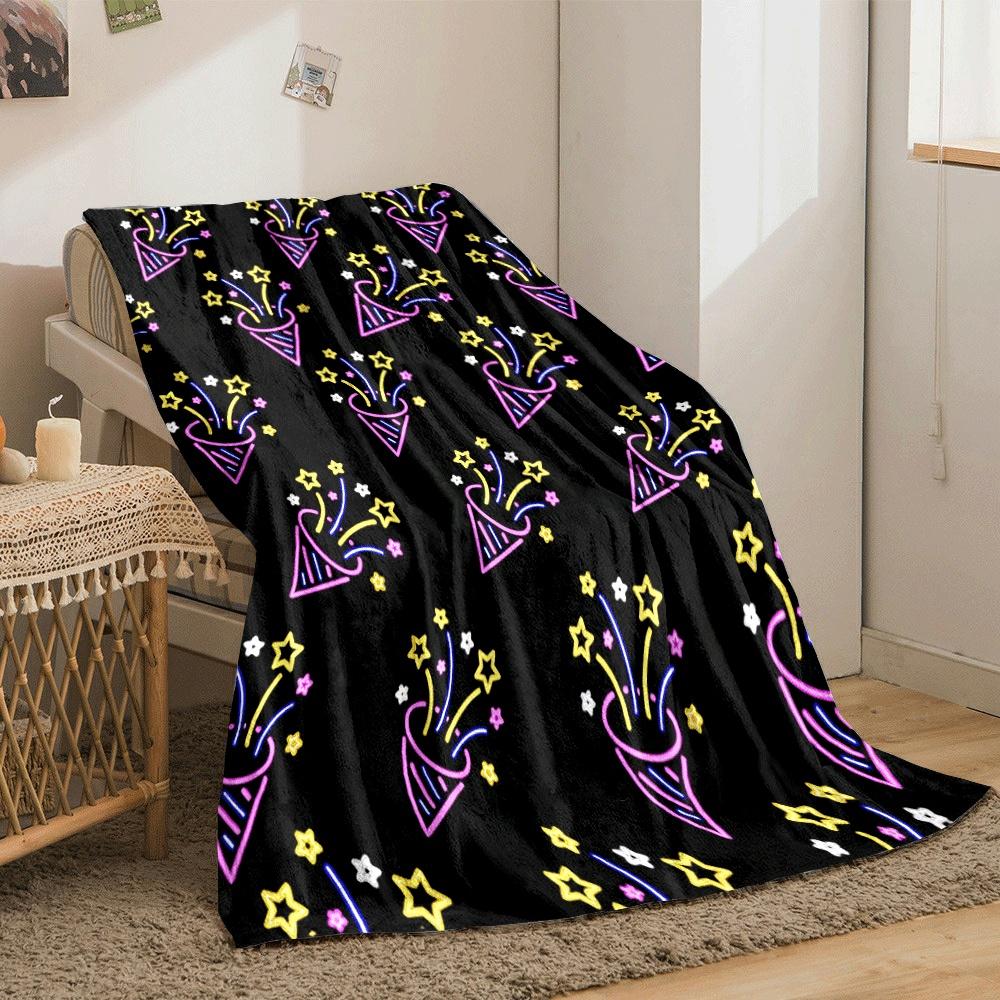 Festive neon party poppers with colorful stars on a black background. for all seasons blanket lunch break throw gift