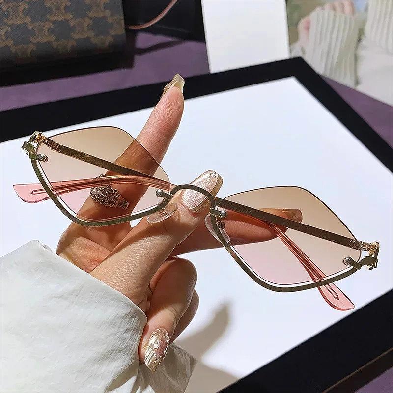 Metal Rhombus Half Frame Sunglasses for Women Men New Diamond Shaped Sunglasses Dopamine Small Frame Outdoor Sunglasses