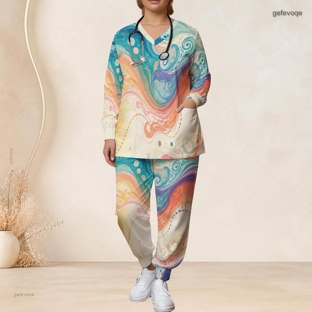 Women Plus Size Black Gold Printed V Neck Long Sleeve Nurse Scrub Two Piece Set With Pockets