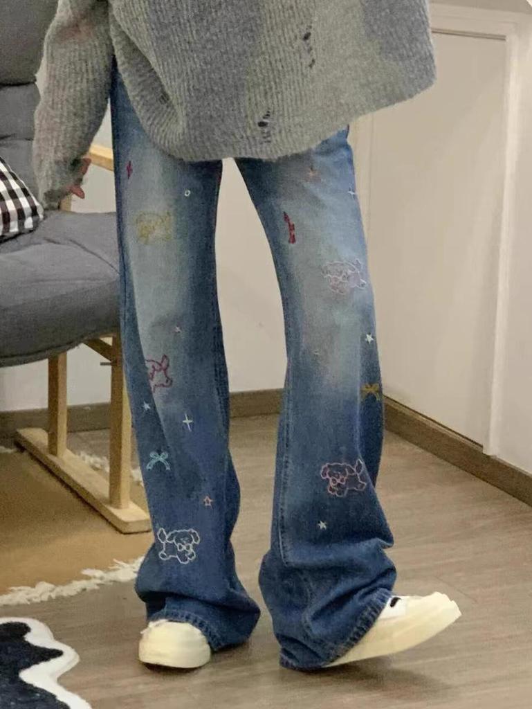 Women's High-Waist Retro Embroidered Jeans - Autumn 2025: Slimming Straight and Wide Leg Options