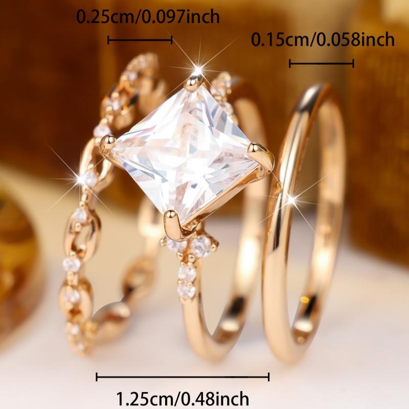 Luxury Gold Color Square Zircon 3Pcs Stackable Ring Set for Women Wedding Banquet Daily and Party