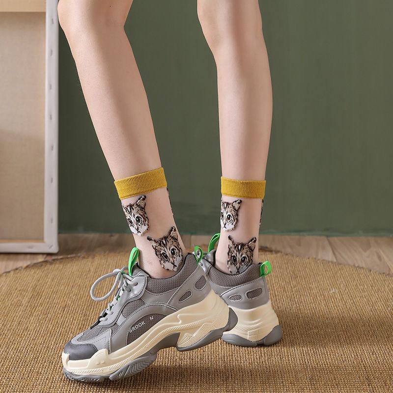 Women Transparent Cute Cat Socks Ladies Japanese Fashion Korean Trendy Summer Thin Crystal Silk Sock Glass Fiber Stocking
