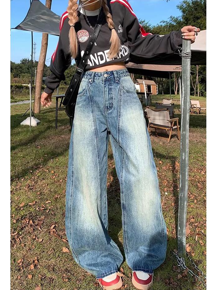 High Street Retro Women’s Washed Wide-Leg Jeans 2026 – New Niche Loose Straight-Leg Scythe Pants S