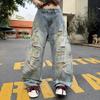 Unisex Vintage Distressed Denim Pants Loose Straight Cut High Street Style Cotton Jeans Men Women 2026