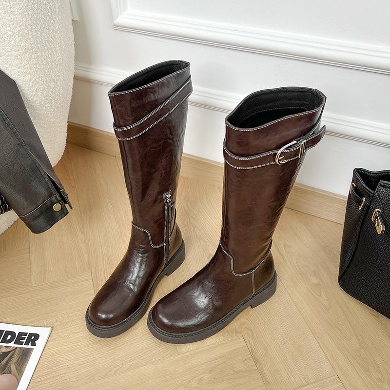 Thick-Soled Knight Boots Women'S Leather Boots But Knee Boots Black Boots Advanced Sense Thin Autumn And Winter Martin Boots Cool