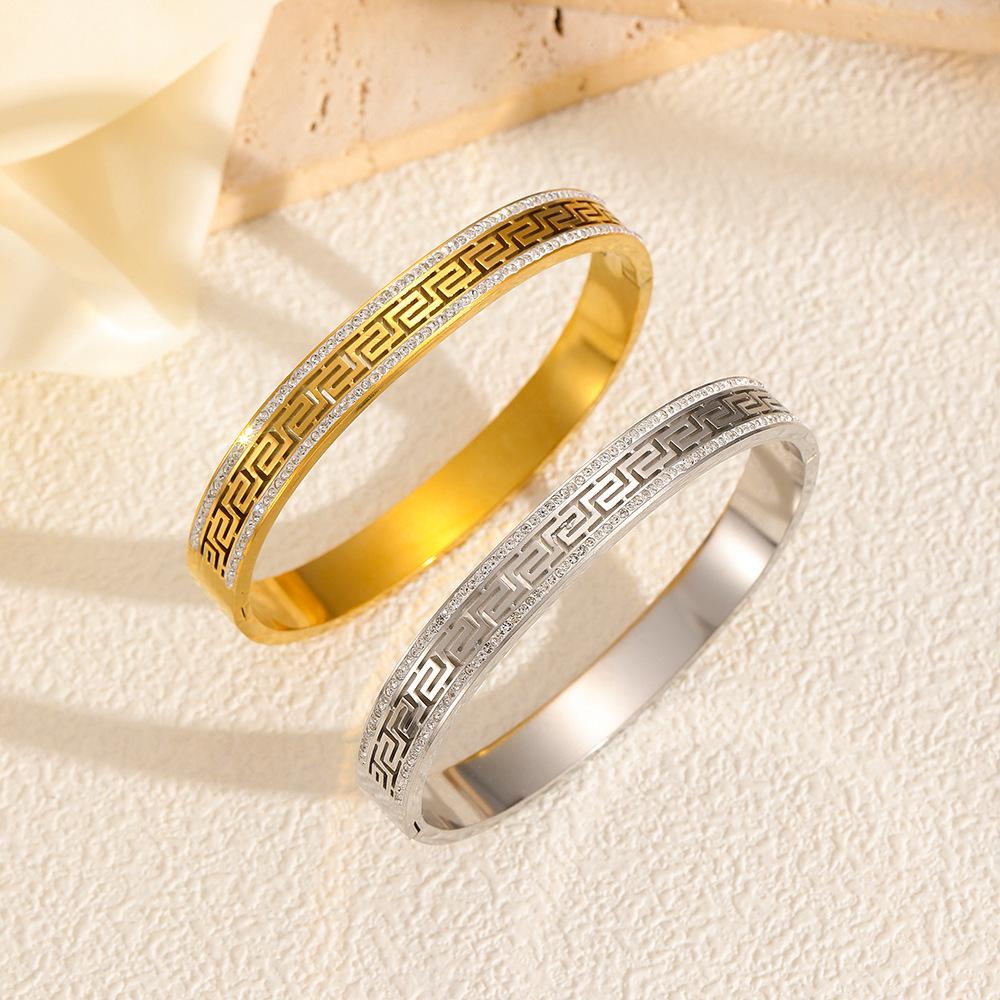 INS Cross-border Zircon Buckle Bangle: Elegant European-American Titanium Steel Double Row Diamond Bracelet for Women