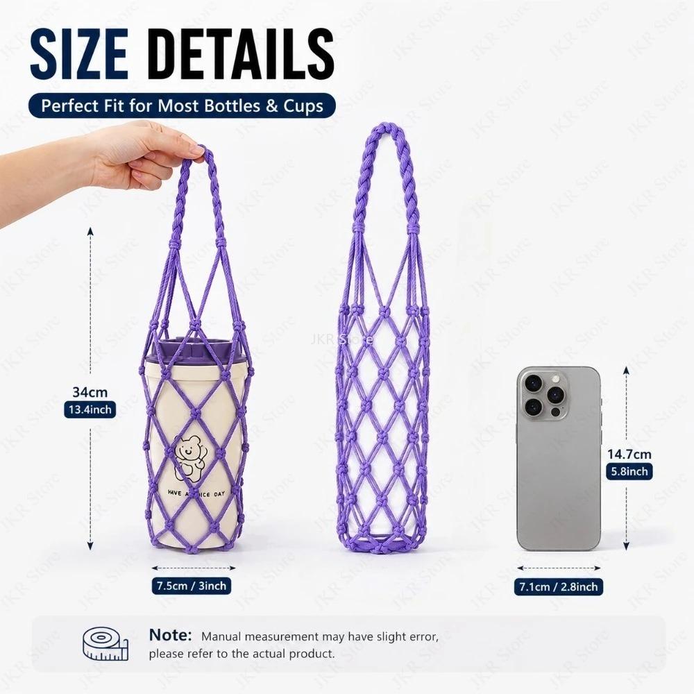 Reusable Woven Coffee Cup Holder Handmade Mesh Water Bottle Carry Bag with Shoulder Strap for Walking Office Picnic Travel