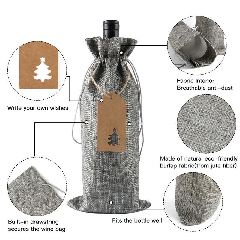 12Pcs Linen Drawstring Wine Bottle Covers With Tags and Linen Rope Dustproof Red Wine Packaging Bag Xmas Christmas Party Decor