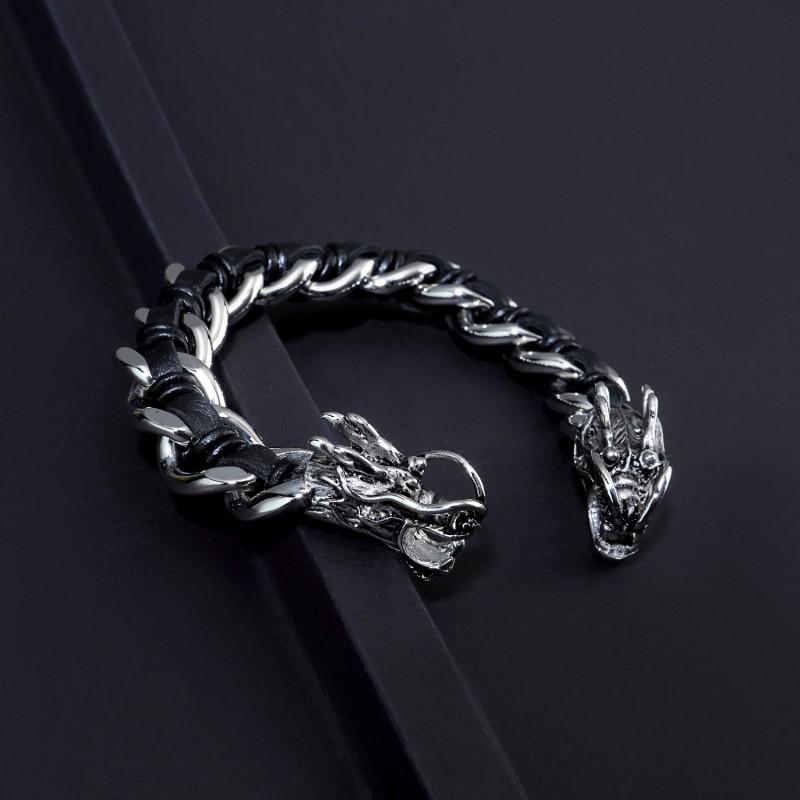 Stainless Steel Dragon Head Double Clasp Bracelet Men Hip Hop Style Braided Leather Band