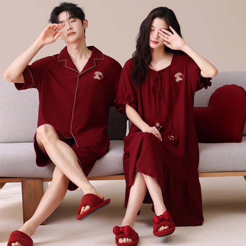 Couple Pajamas Summer Cotton Short-sleeved Nightgown Thin Wedding Wedding Burgundy Festive Natal Year Cotton Suit