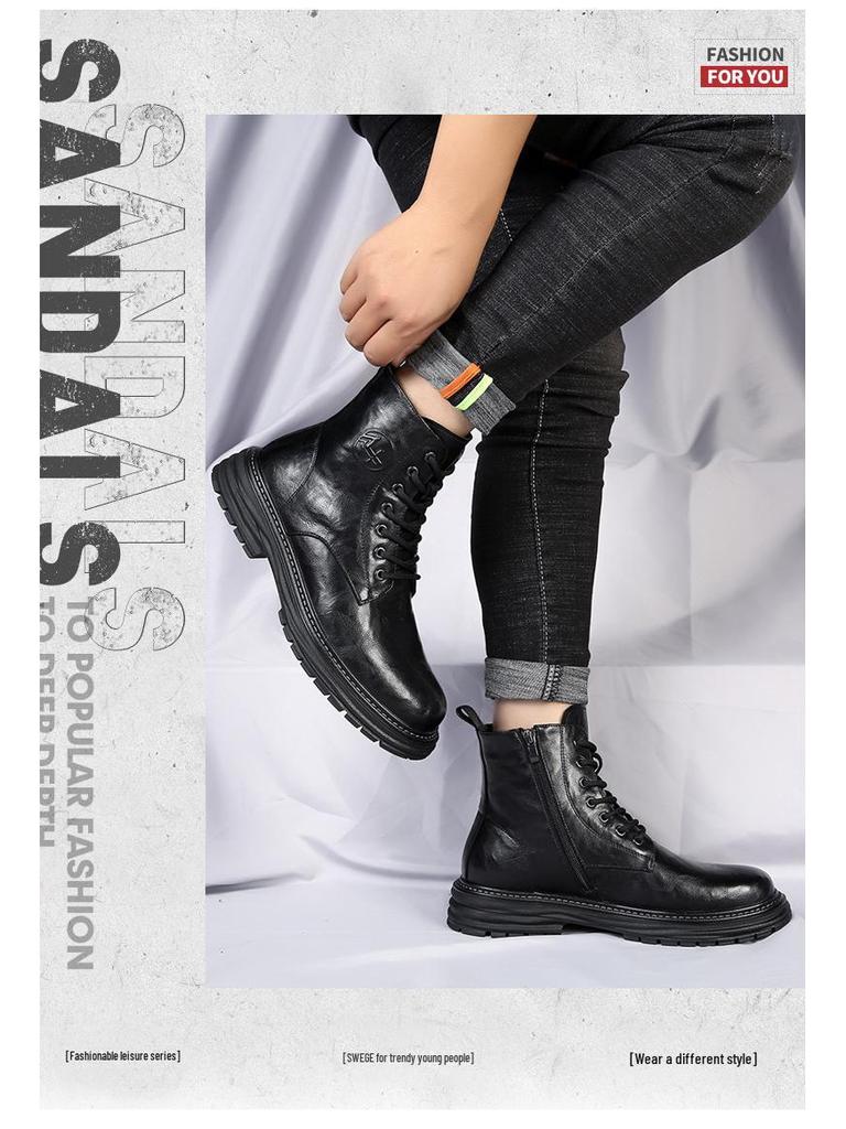 2025 Men's Genuine Leather High Top Martin Boots, Trendy Thick-Soled, Retro British Style, Plus Velvet.