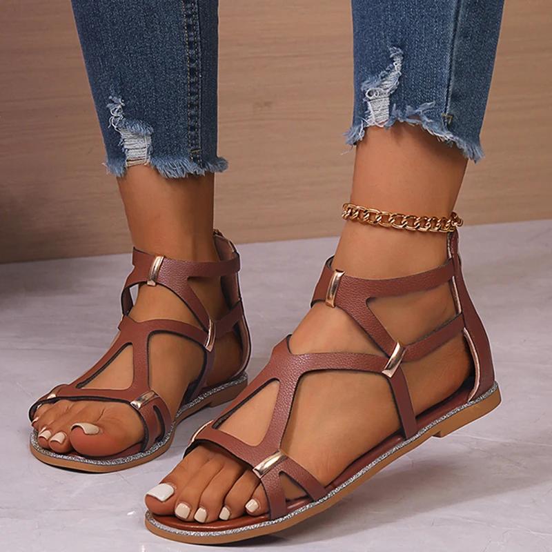 

Мода Летняя Мода Сандалии с Декором из Заклепок Женские Римские Сандалии с Узкими Ремешками Сандалии на Каблуке Бао Женские Пляжные для Отпуска с Открытым Носком Плоские Сандалии Женские 42 темно-коричневого