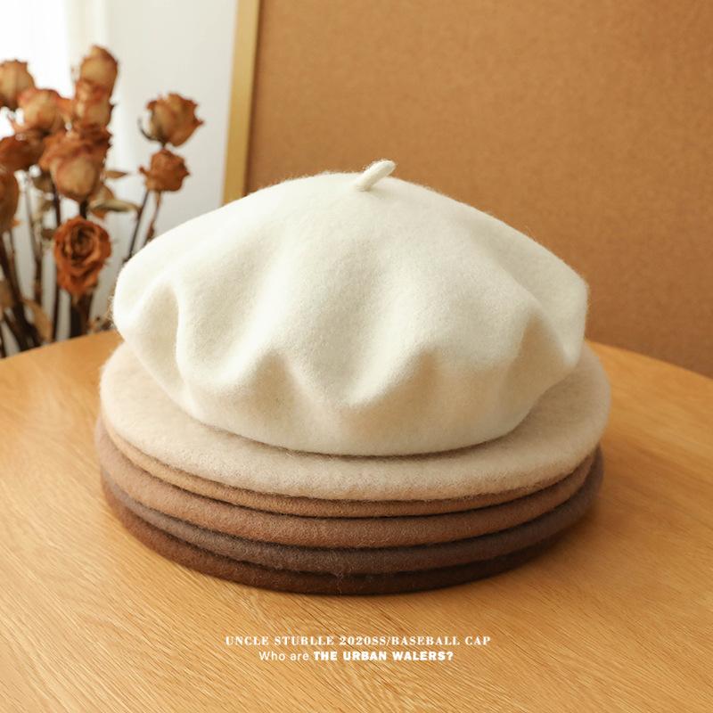 Autumn and Winter Wool Berets for Girls Artistic and Retro Versatile Painter Hats Solid Color Flower Bud Hats