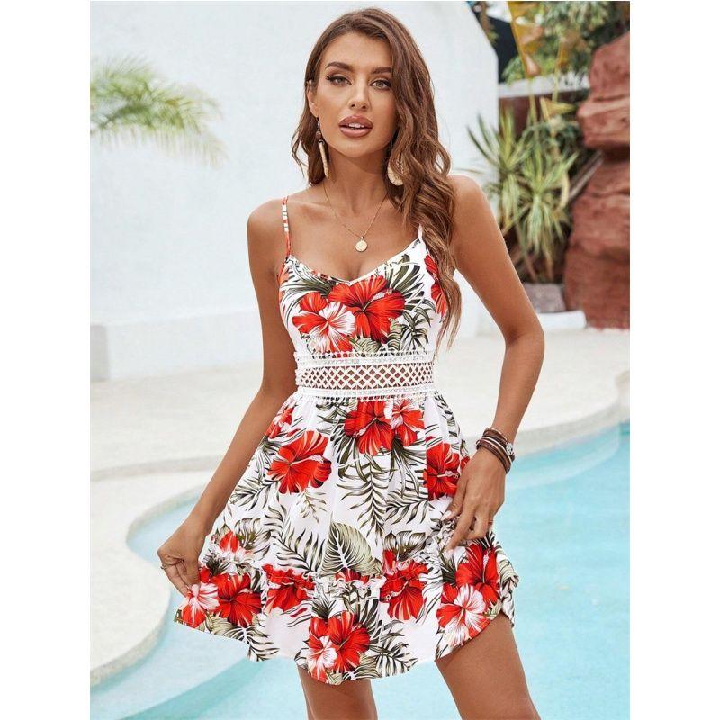 Summer Women Dress Casual Ladies Slip Skirt Sling Print Hollow Out Women's Skirt