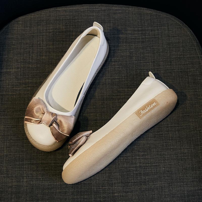 

Genuine leather flat-soled soft-soled soft leather single shoes shallow-mouth bow Doudou shoes women s versatile Mori grandma shoes summer 39 бежевий