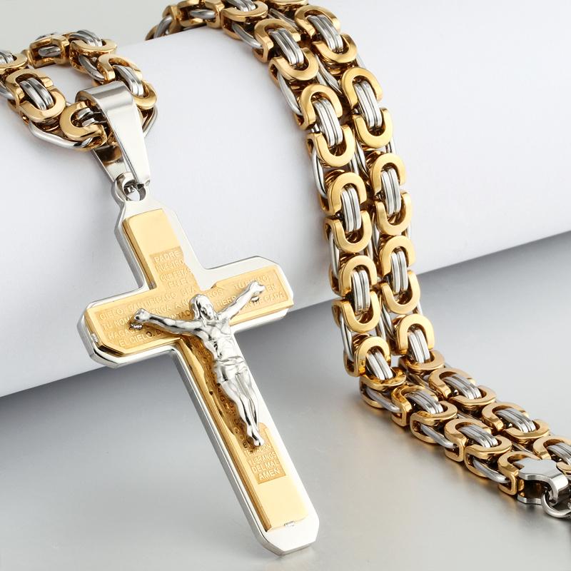 Collana con ciondolo a croce in acciaio inossidabile per uomo religioso, pesante collane a catena bizantina, gioielli sacri di Gesù Cristo