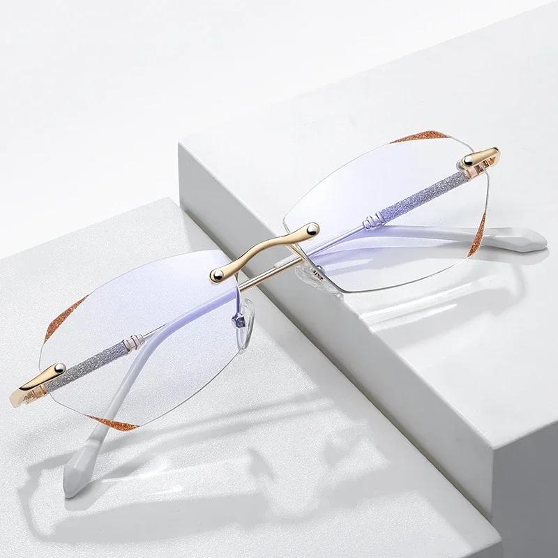 Retro randlose Lesebrille für Damen Luxus Design Mode Presbyopie Brille Vintage Neue Diamant Fernsicht Brille