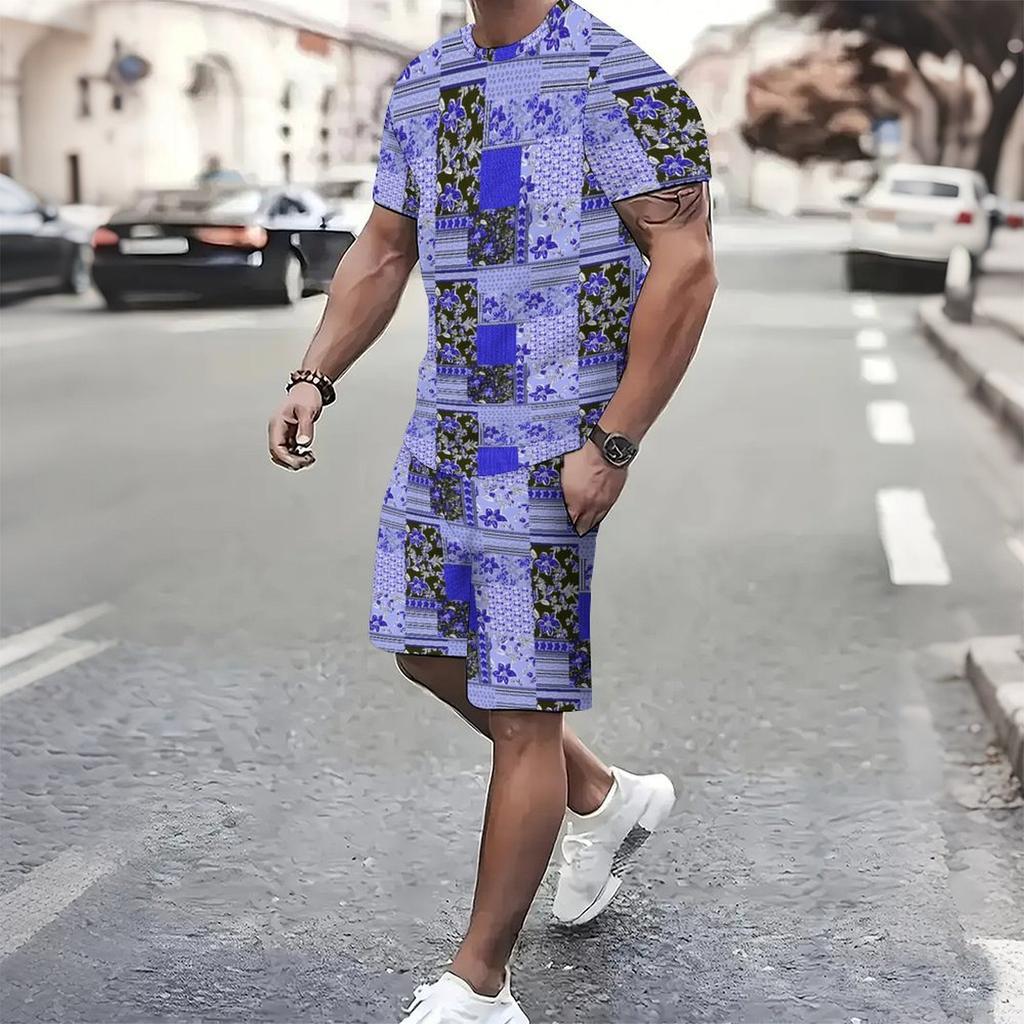 Herren 3D Seilgeflecht Muster Kurzarm T-Shirt und Passende Shorts Zweiteiliges Outfit