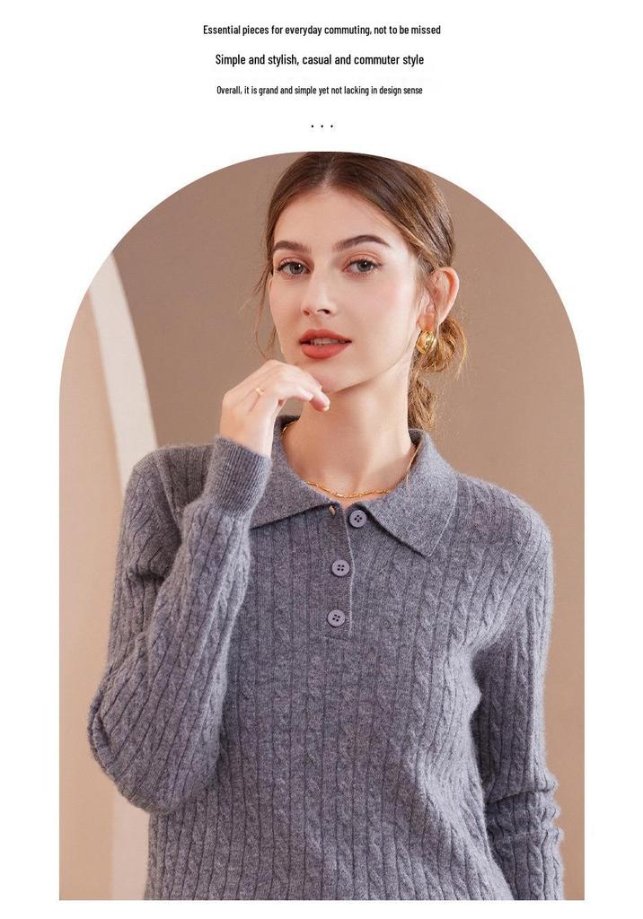 2024 Autumn/Winter Women's Casual Loose Korean Style Cable Knit Polo Collar Sweater