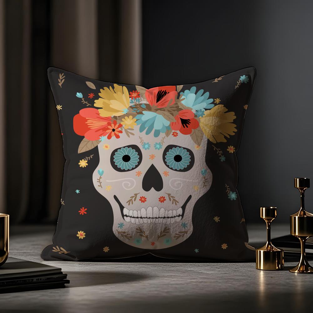 Mexico Easter Flower Skeleton Cushion Cover Case Antidustmite Pillowcase Invisible Zipper Silky Short Plush Sofa Cushion Cover