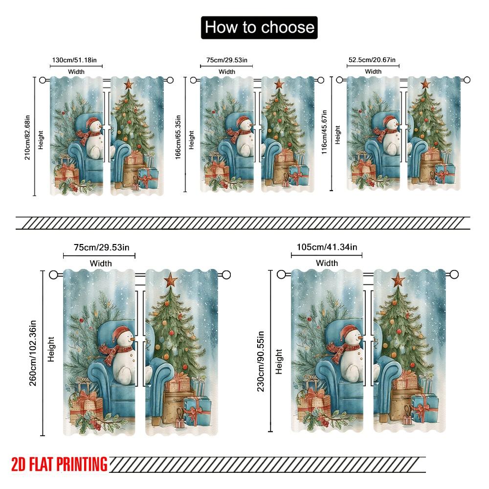 2pcs,2D Plane Printing Popular Curtains Snowman & Snowflake Polyester Easy Install (without Rod) Festive for Kitchen, Bedroom &