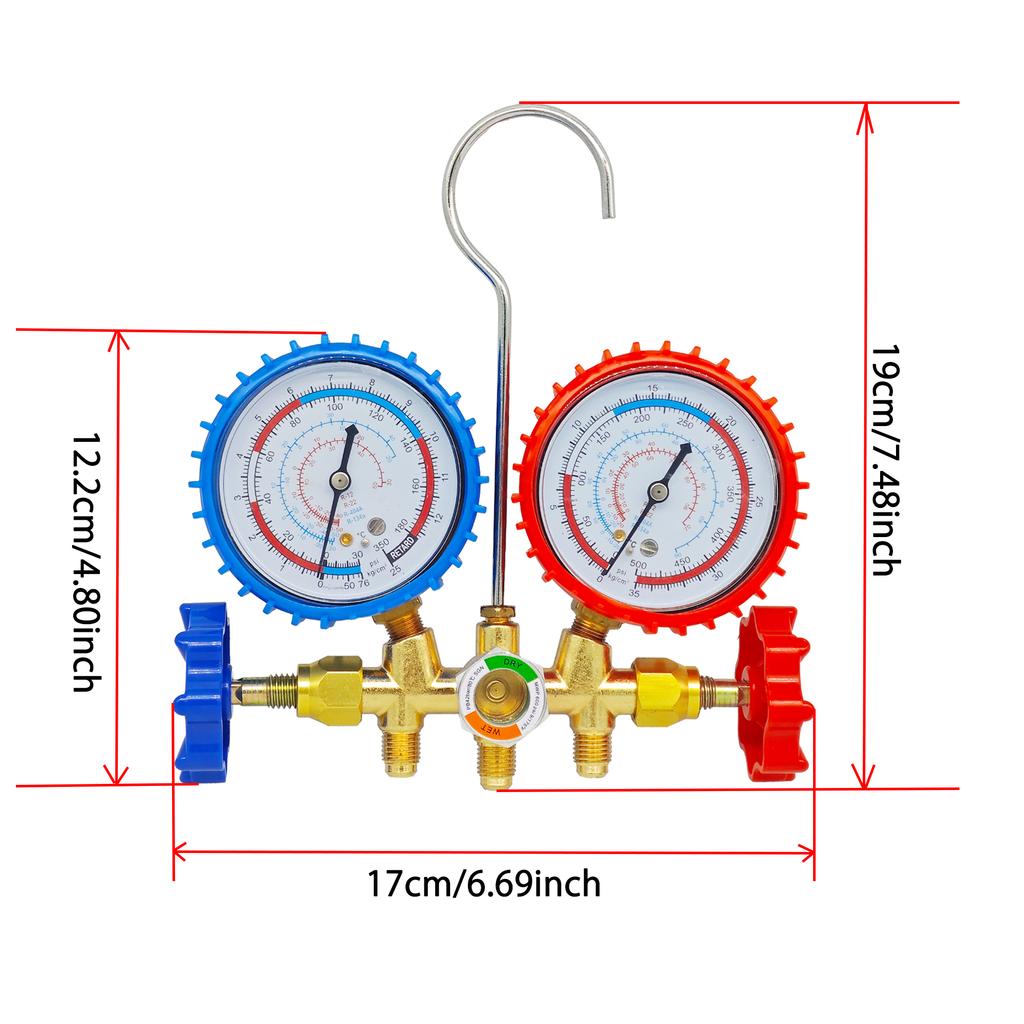 R134a Air Conditioning Pressure Gauge with Hose and Hook 3 Way AC Diagnostic Manifold Gauge Set Freon For R12 R22 R404A R134a