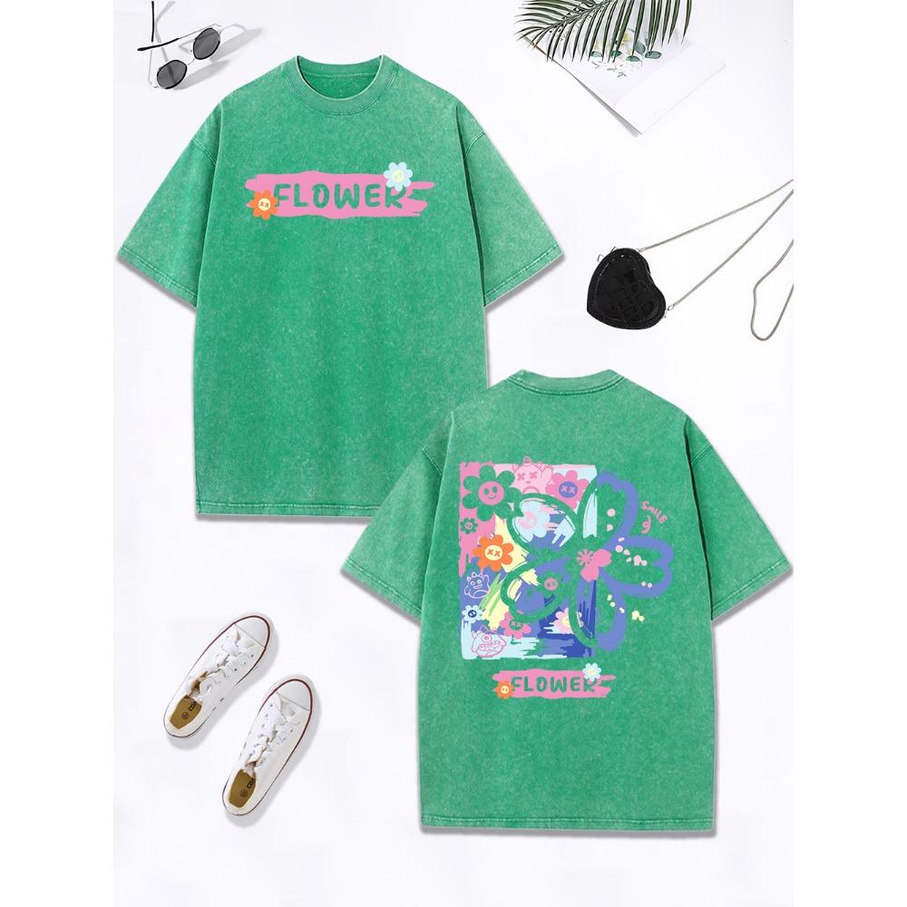 Flower Creative Graffiti Prints Washed T-Shirt Women Cotton Oversized Tops Comfortable Distressed O-Neck T Shirt  Clothes