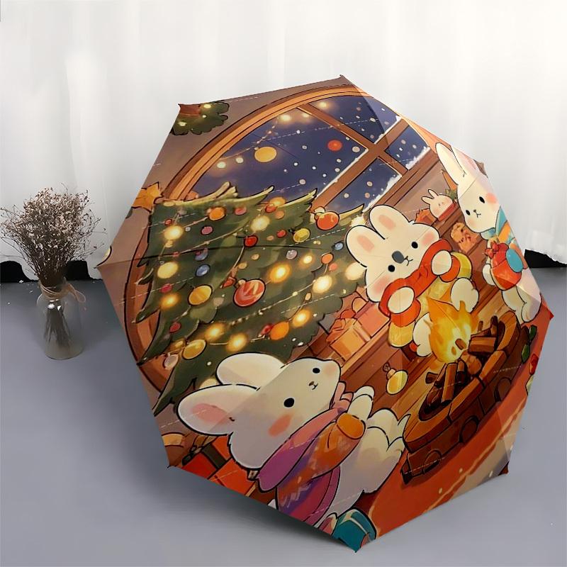 1pc Christmas Bunny Family Gathering Around Fire with Presents, Outdoor Festival Gift for Fans, Travelers, Daily Use (Automatic Opening Umbrella, Fold