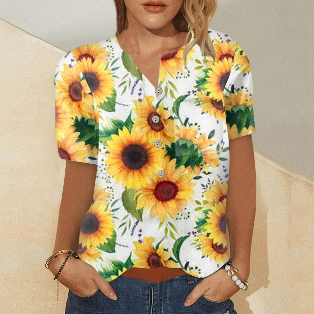 Women's Fashion Printed Pattern Button Down Chest Pocket Short Sleeve Shirt