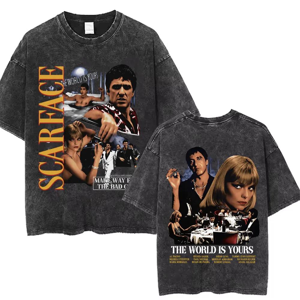 Movie Scarface Vintage Washed Tshirt Tony Montana Face Al Pacino Oversized Tshirts Men Women Fashion Hip Hop Gothic T Shirts