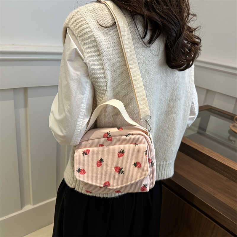Cartoon Corduroy Shoulder Crossbody Bag for Women New Japanese Style Girl Student Strawberry Phone Bag