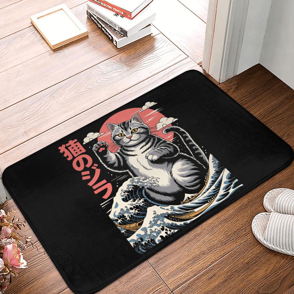 Funny Catzilla Cat Japanese Art Front Door Mat Anti-Slip Indoor Quick Dry Doormat Living Room Entrance Rug Carpet