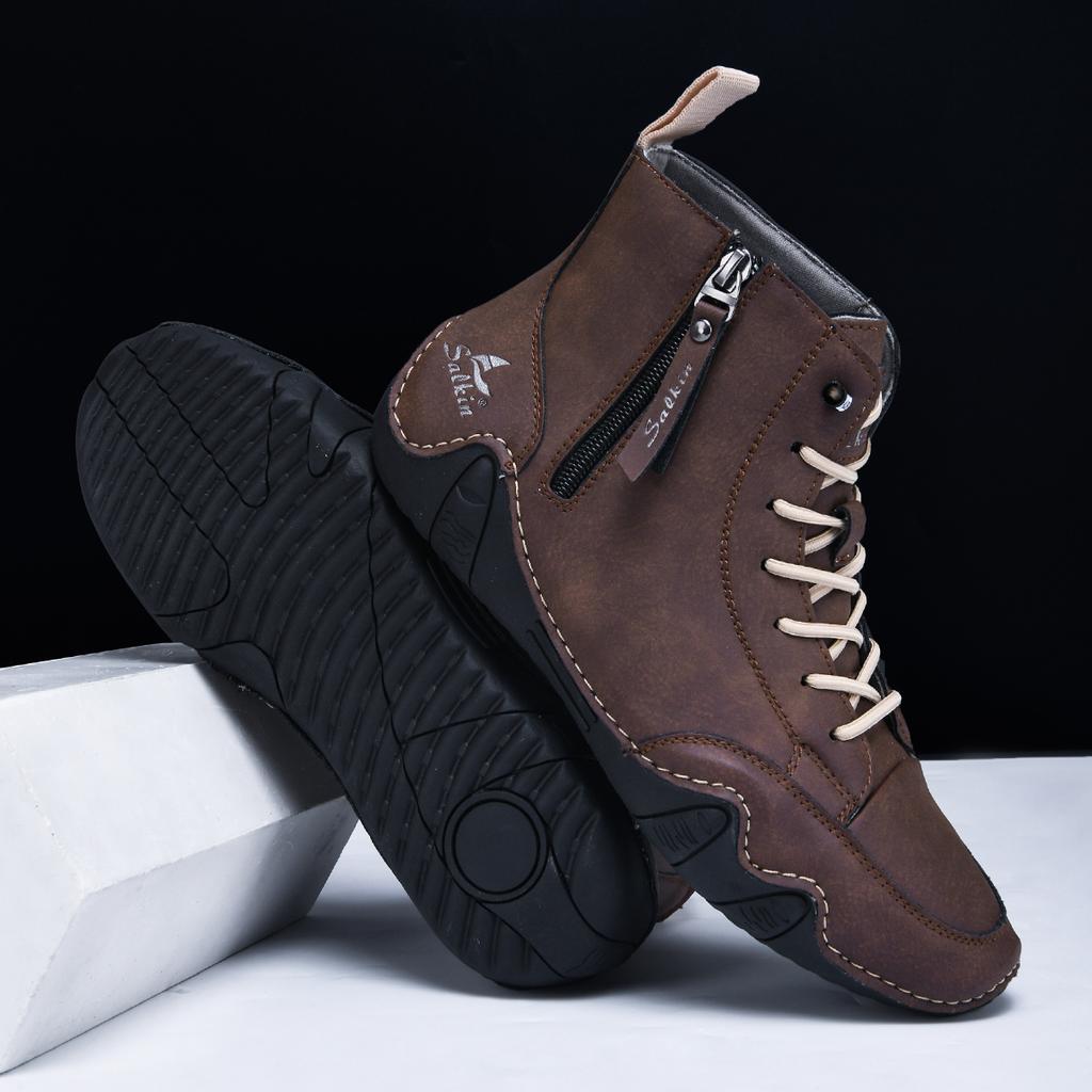 New 2026 Handmade Leather Casual Shoes Men Ankle Boots Side Zipper Comfortable Breathable Sneakers Anti-Slip Outdoor Walking
