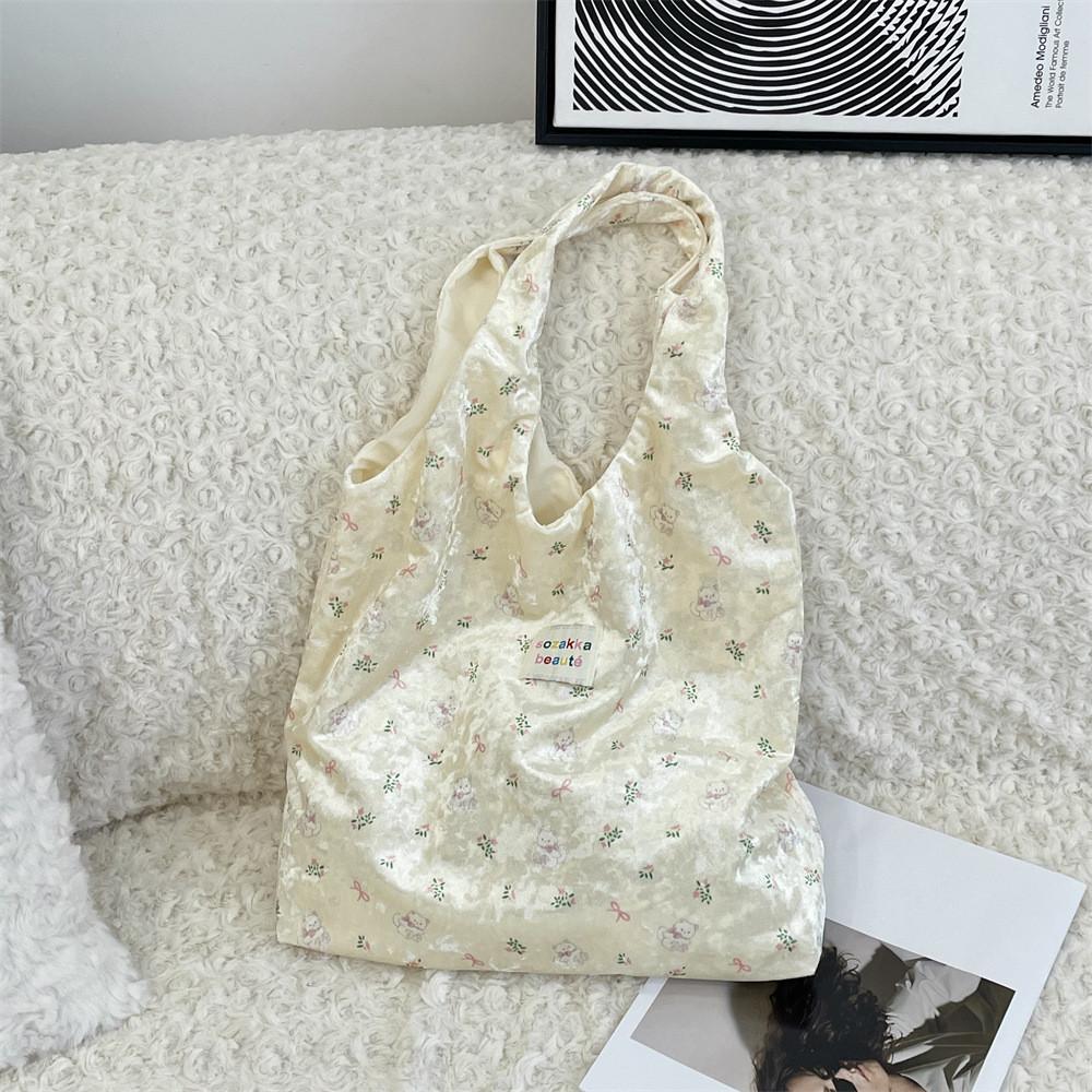 Fashionable Finish Pearl Bear Motif Silk Shoulder Bag With Spacious Design For Daily Outings