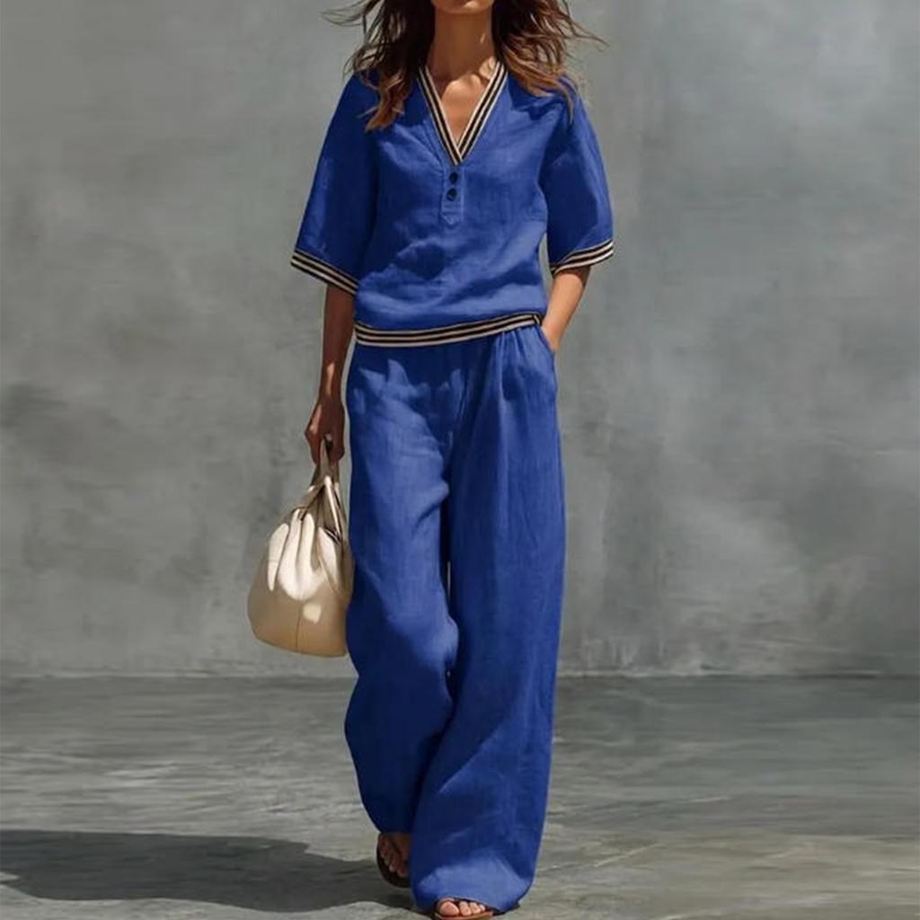 Damen Freizeit Zweiteiler V-Ausschnitt Kurzarm Top und Weite Hosen Lounge Outfit Leichter Bequemer Stoff Stilvolles Design