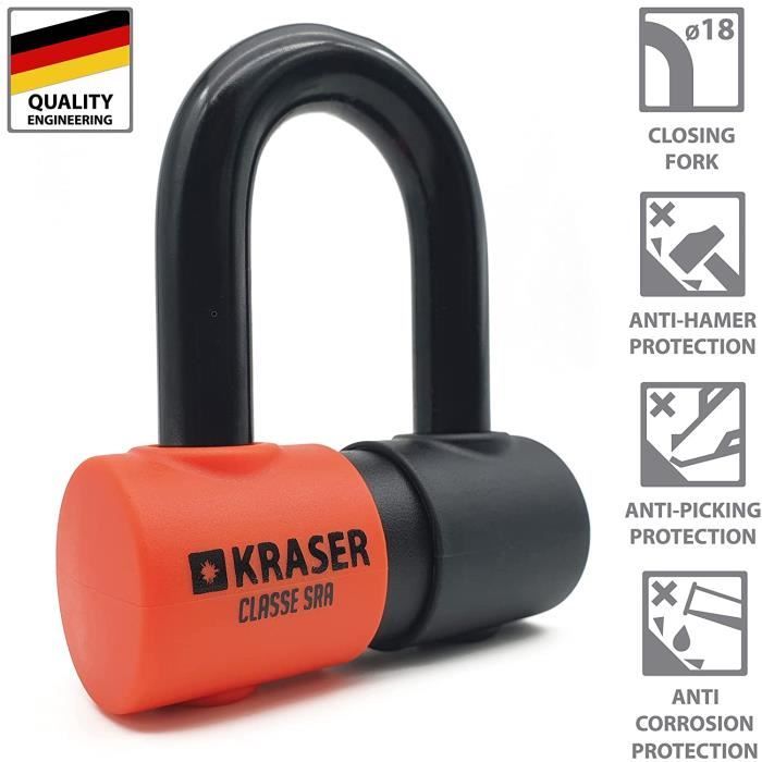 KRASER KR50 Antivol Moto Homologué SRA Bloque Disque Mini U 18mm Double Verrouillage Blindé, Cadeau Câble Rappel, Mesure Intérieure