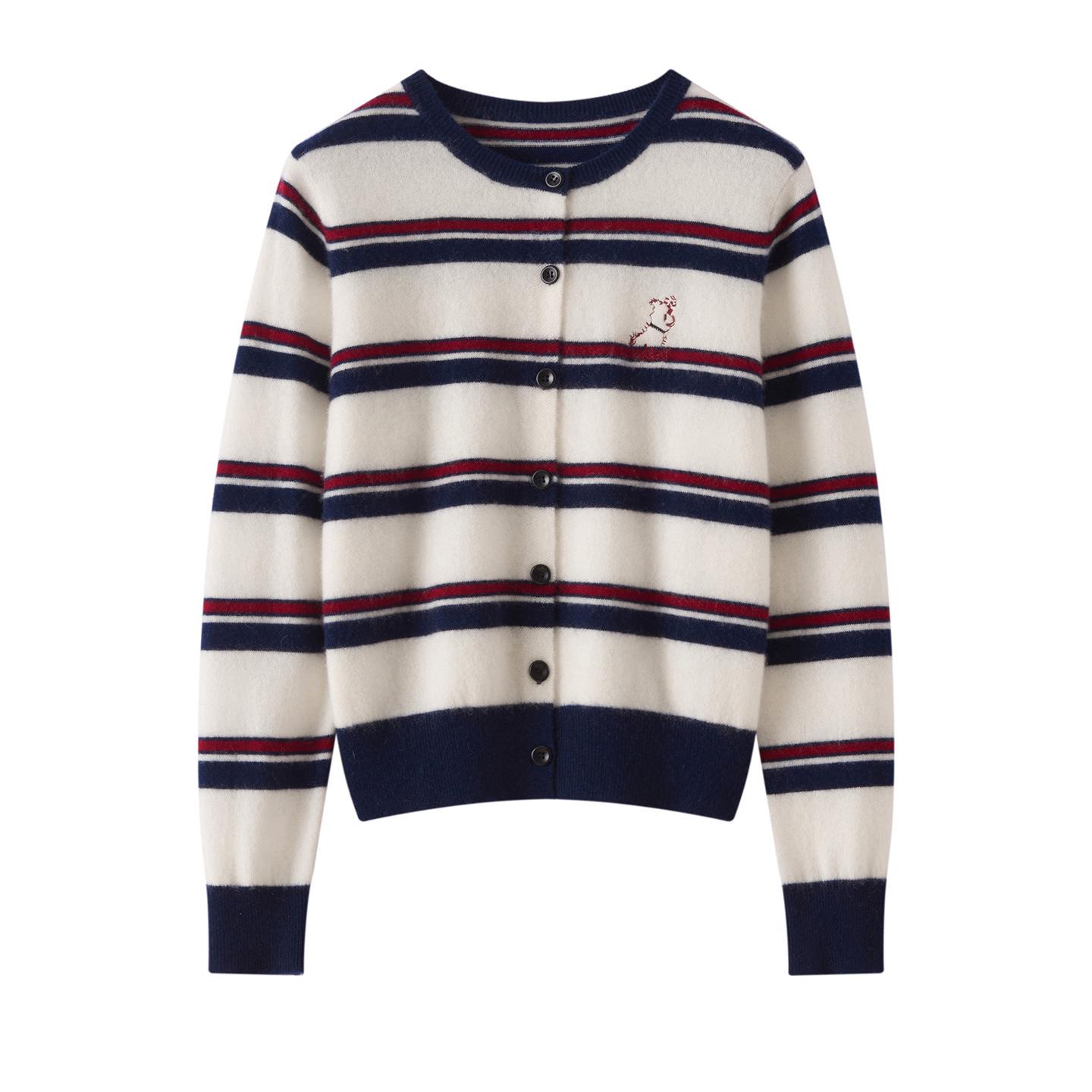 

Korean Style Cashmere Puppy Embroidery Striped Crew Neck Sweater Coat for Women - Autumn/Winter Loose Knit Cardigan M (90-110 jin)