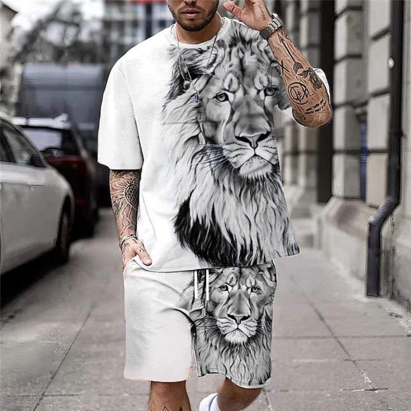 Men Cool Lion Tiger T-shirt Set 3D Animal  Print Casual Style T-shirt Shorts Set Summer New Fashion Street Clothing High-quality