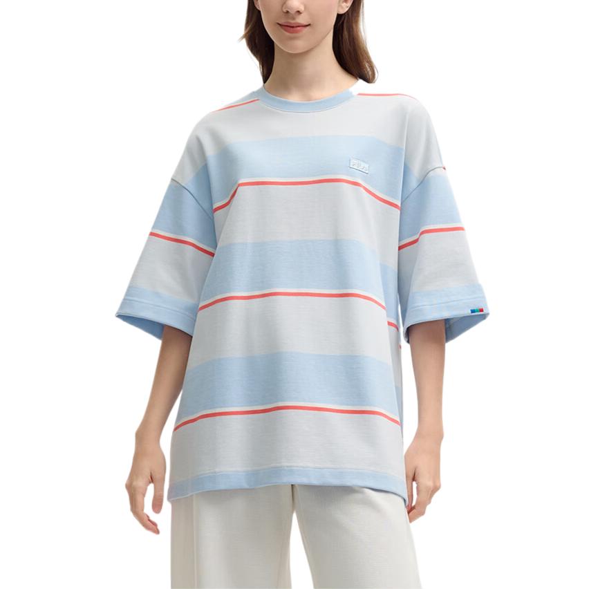 Fila Original Soft Breathable Striped Comfortable Fashion Logo Short Sleeve T-Shirt Unisex Tops Sky-Blue F51M529107F-LB