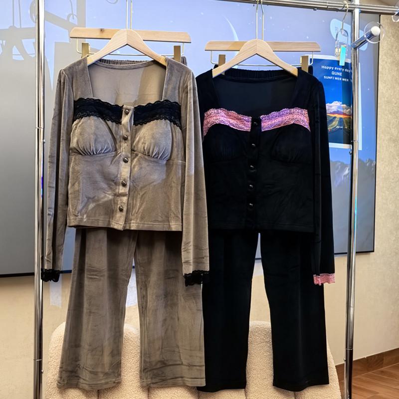 Sea Island Baumwolle Damen Pyjama Set - Herbst/Winter Französischer Stil mit Brustpolster, Dünner Fleece Hausbekleidung