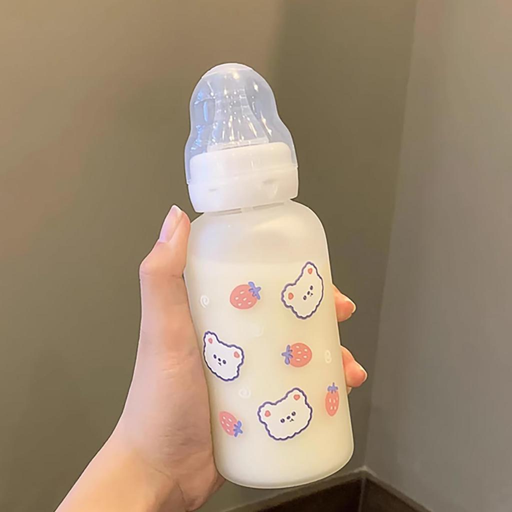 CutiePlusU Adult Baby Large Printed Glass Baby Strawberry Bear Design Bottle, 300ml, Portable, Direct-Drink, Size, Bottle,