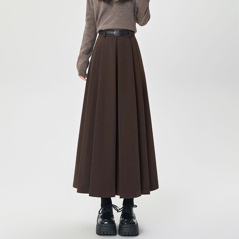 

High-Waisted Coffee Wool Skirt for Women, Autumn-Winter Style, Pleated A-Line, Petite Fit, Mid-Length, Perfect Drape L