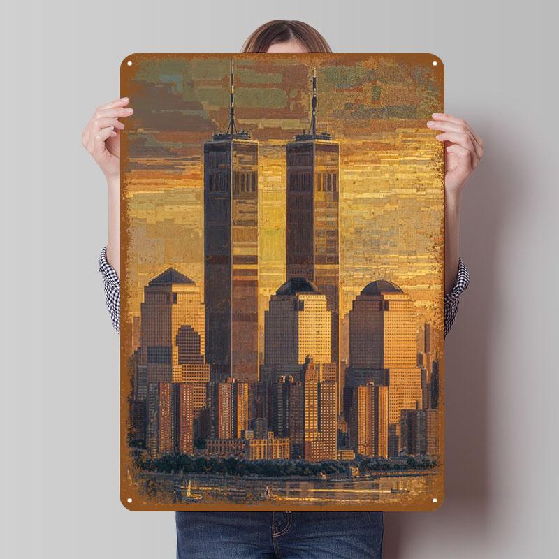 

Twin Towers Over Manhattan: Golden Memories of New York in the Mid-70s Metal Signs City Skyline Poster Garage Decoration Bar 20x30cm（7.8x11.8inch）