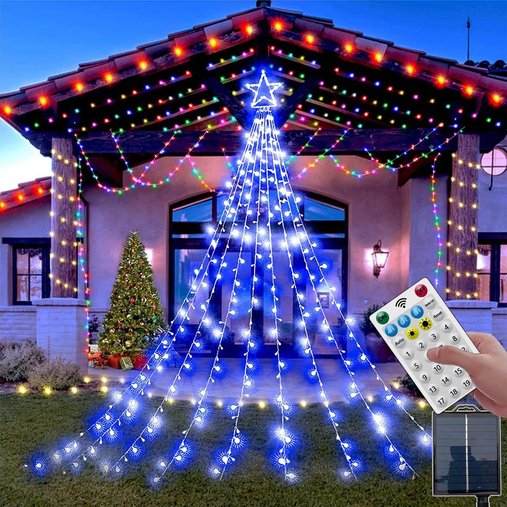 LED Drape 344 with Timer Brightness and Remote Perfect for New and Garden Decorations and Solar-Powered Illumination, Outdoor, Waterproof, Star-Shaped