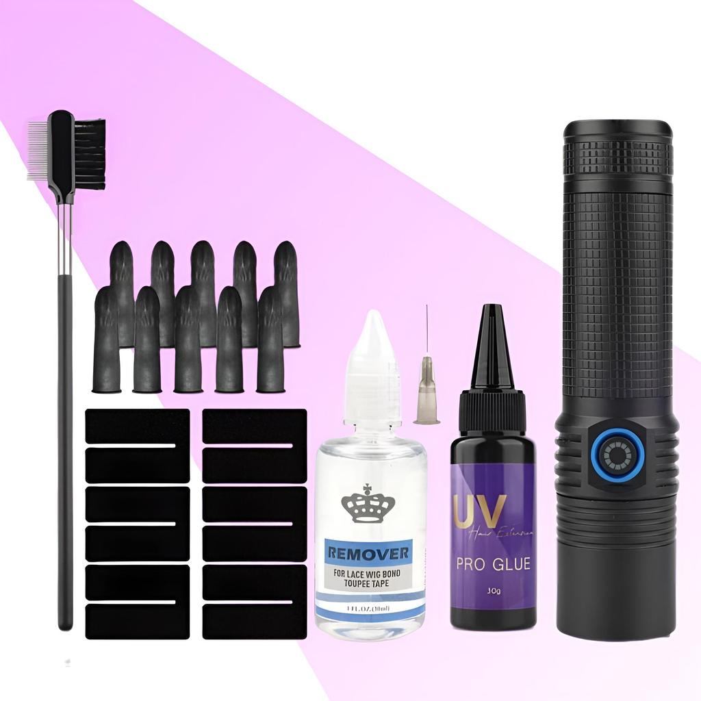 Hair Extension 3-5s Curing UV Hair Glue Hair Extensions Tools Kit 30g UV Glue with 30ml Hair Bonding Glue Remover 20W UV LED Lamp