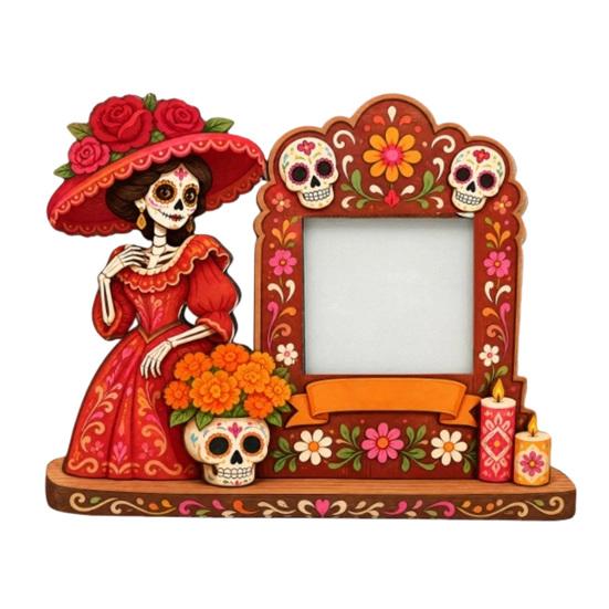 Bunte Festival Tischdekoration Totentag Fotorahmen, Lebendiger Blumiger Zuckerknochen Muster Druck, Dia De Los Muertos Tischdisplay Mexikanische Katrina