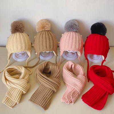 2 Stück Kinder Wintermütze Schal Set Weiche Zopfstrick Pompon Mütze Warmes Schal Set für Jungen Mädchen Kleinkinder