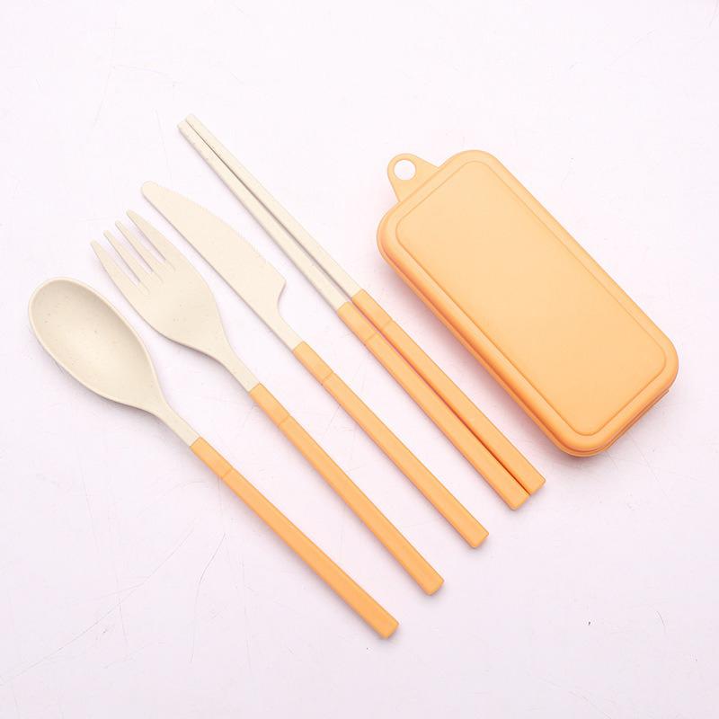 4Pcs Portable Plastic Cutlery Wheat Straw Dinnerware Set Detachable Outdoor Camping Cutlery Set Lunch Box Cutlery Set DCS004