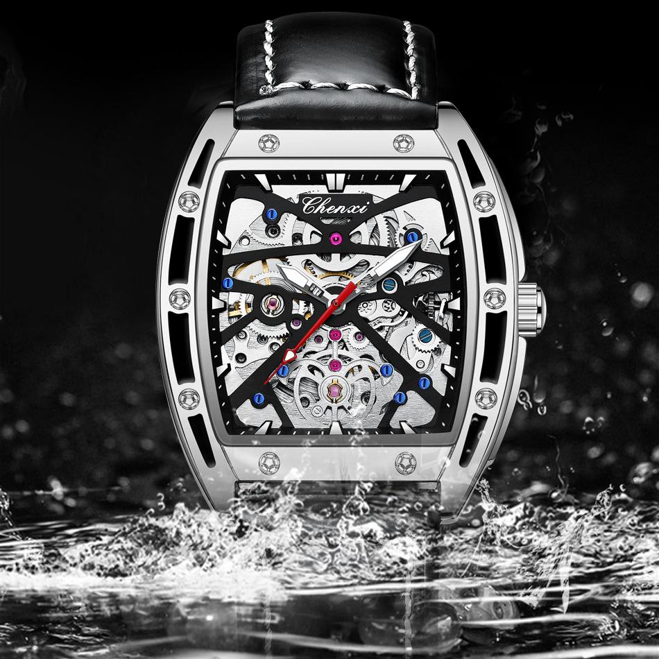 New TOP Brand Luxury Men's Watch With Box Men's Wine Barrel-shaped Hollow Automatic Leather Waterproof Men's Mechanical Watches