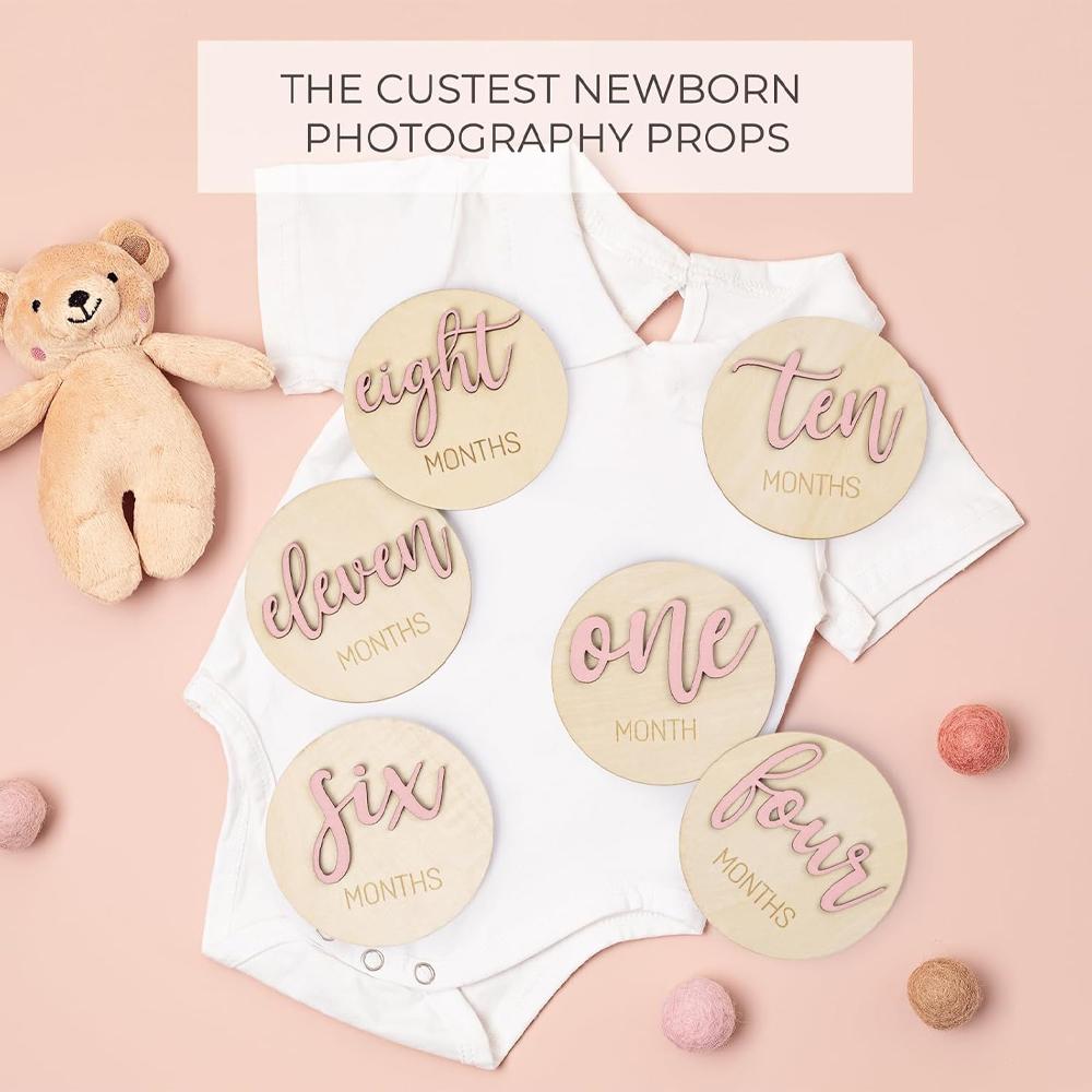 Newborn Baby Milestone Number Monthly Commemorative Card, Double-sided Wooden Monthly Milestone Card Photography Birth Gift